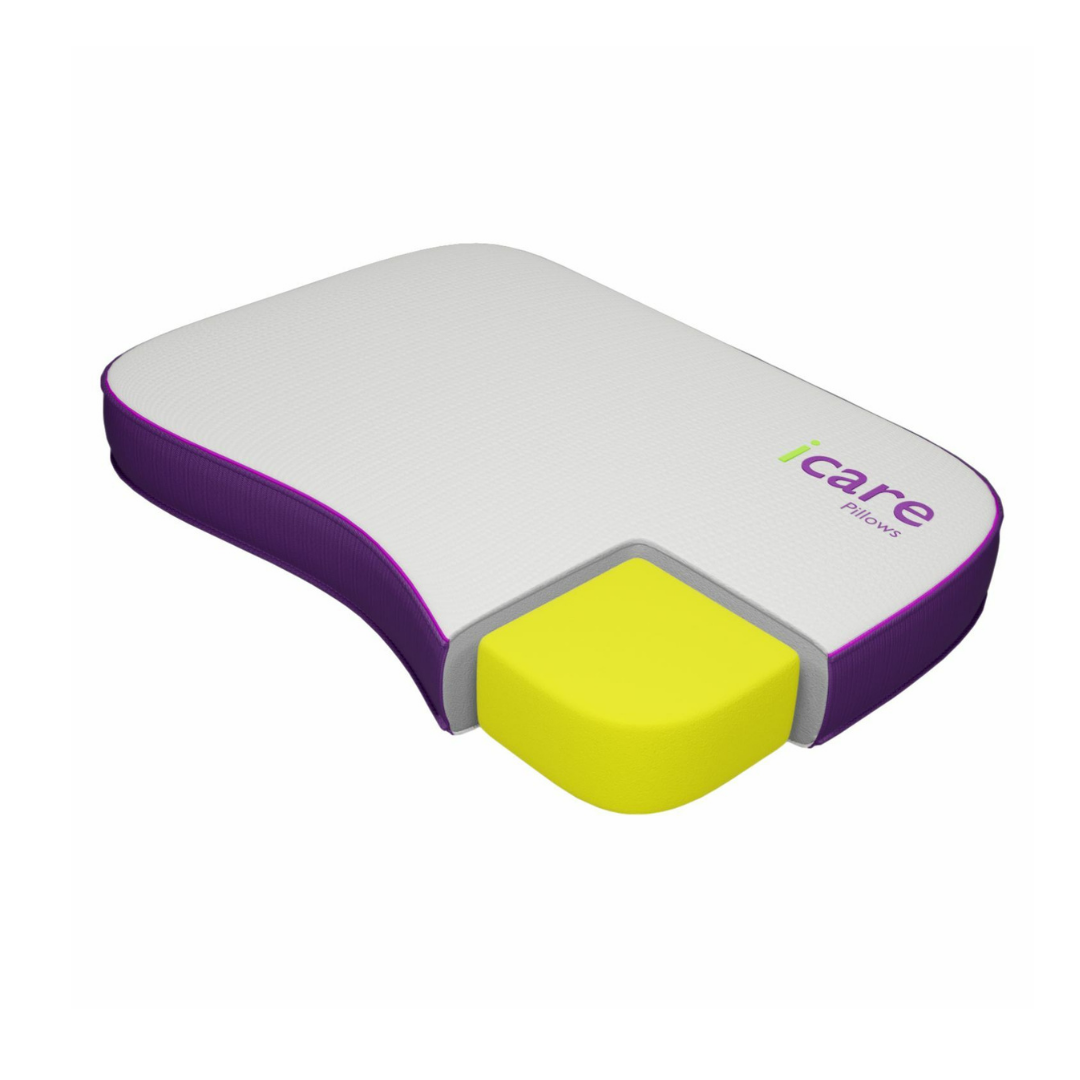 The iCare Curve Pillow – Ergonomic Neck and Shoulder Support is a contoured white pillow with purple edges, a yellow ActiveX™ Core insert, and the icare logo in purple and green—perfectly designed for petite sleepers.